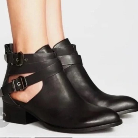 Jeffrey Campbell | Everly Black Leather Buckle Cutout Ankle Booties Size 8 - Picture 1 of 5
